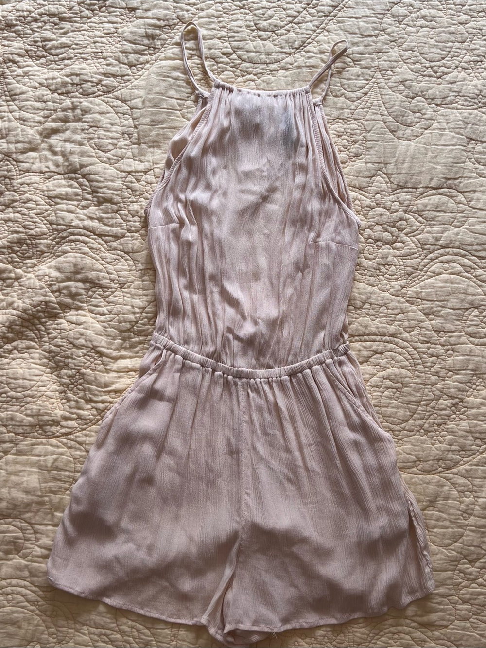 Light Beige Linen Blend Romper with High Neck